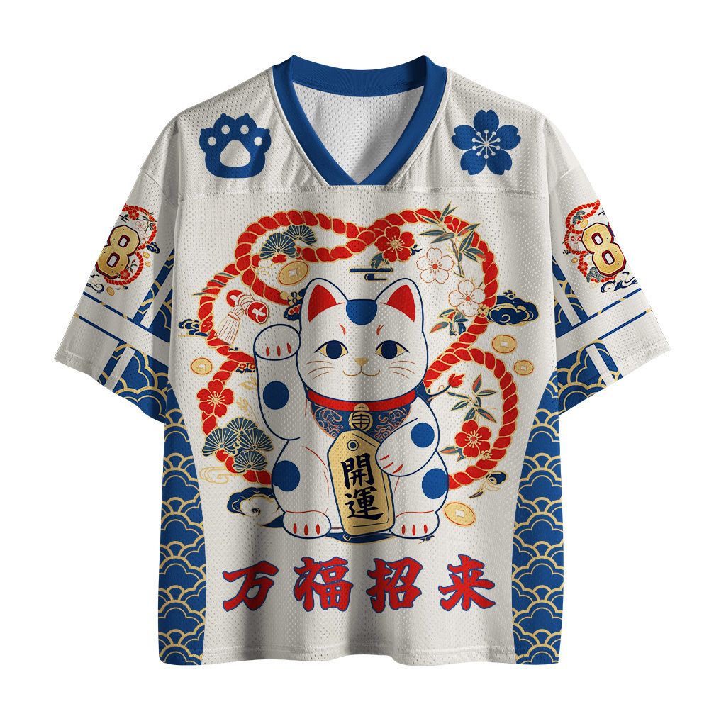 Vintage Japanese Fortune Cat Mesh Jersey for Streetwear