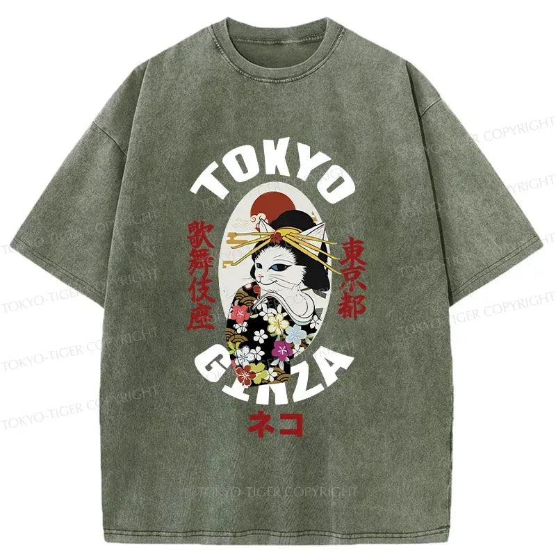 Japanese Geisha Cat Washed T-Shirt