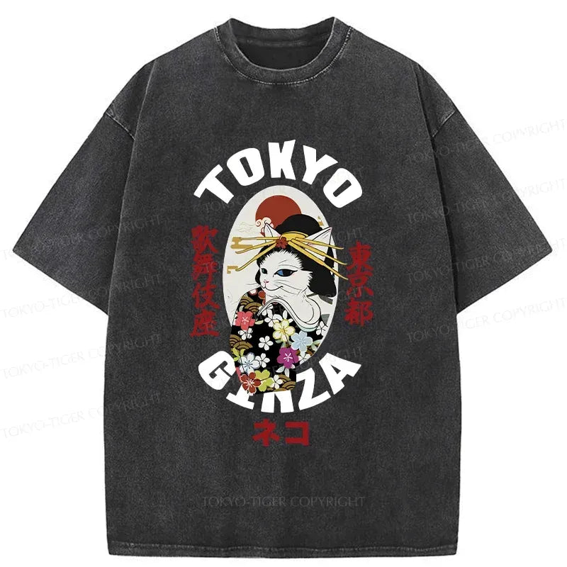 Japanese Geisha Cat Washed T-Shirt