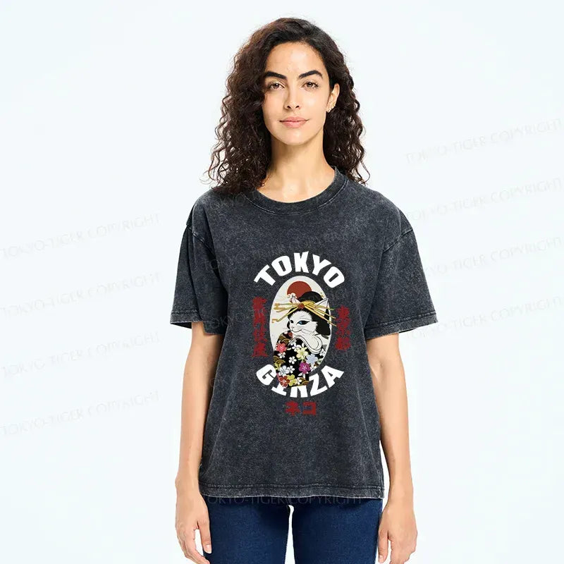Kyoto-Lion Geisha Cat Japan Washed T-Shirt