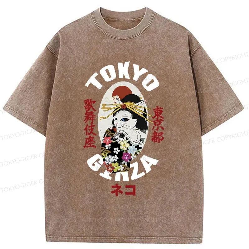 Kyoto-Lion Geisha Cat Japan Washed T-Shirt