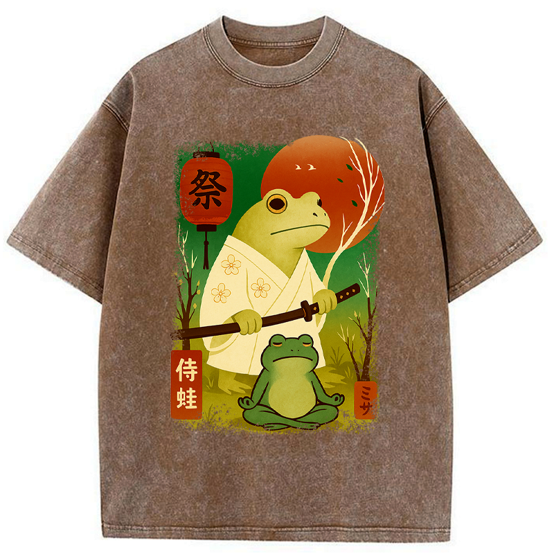 Kyoto-Lion Funny Frog Samurai Poster Washed T-Shirt