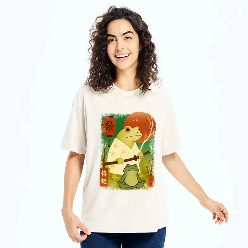 Kyoto-Lion Funny Frog Samurai Poster Washed T-Shirt
