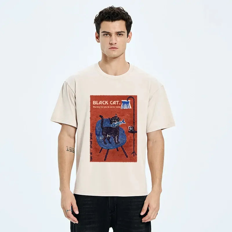 Kyoto-Lion Waiting Cat With Tiny Fish Bone Washed T-Shirt