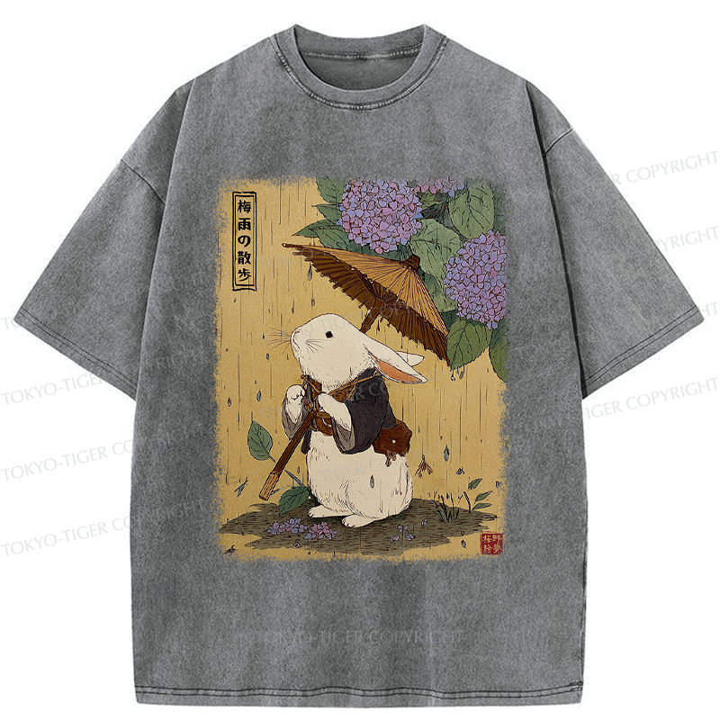 Kyoto-Lion Ukiyoe Rainy Stroll Bunny Washed T-Shirt