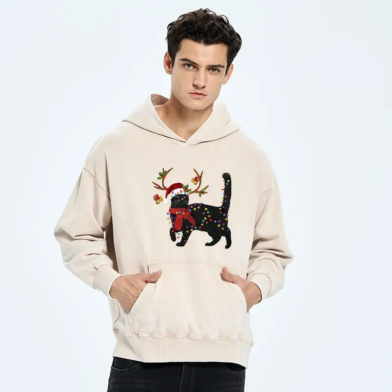 Kyoto-Lion Christmas Black Cat Washed Hoodie