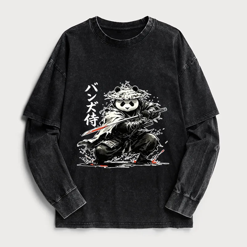Kyoto-Lion Panda Samurai Warrior Washed Double Layer T-Shirt