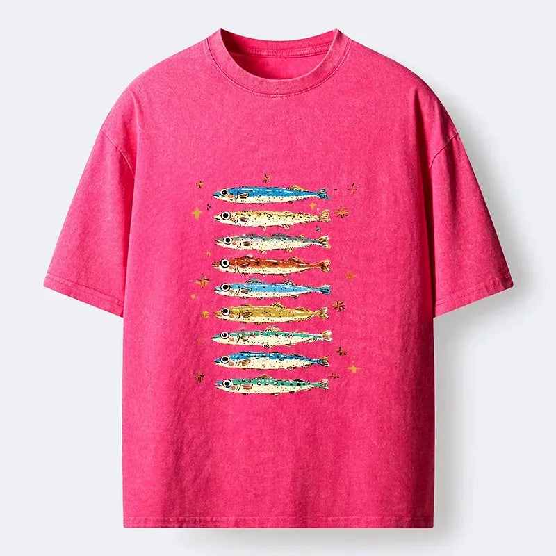 Kyoto-Lion Colorful Fish Family Art Washed T-Shirt
