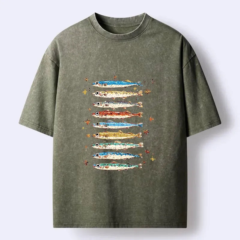 Kyoto-Lion Colorful Fish Family Art Washed T-Shirt