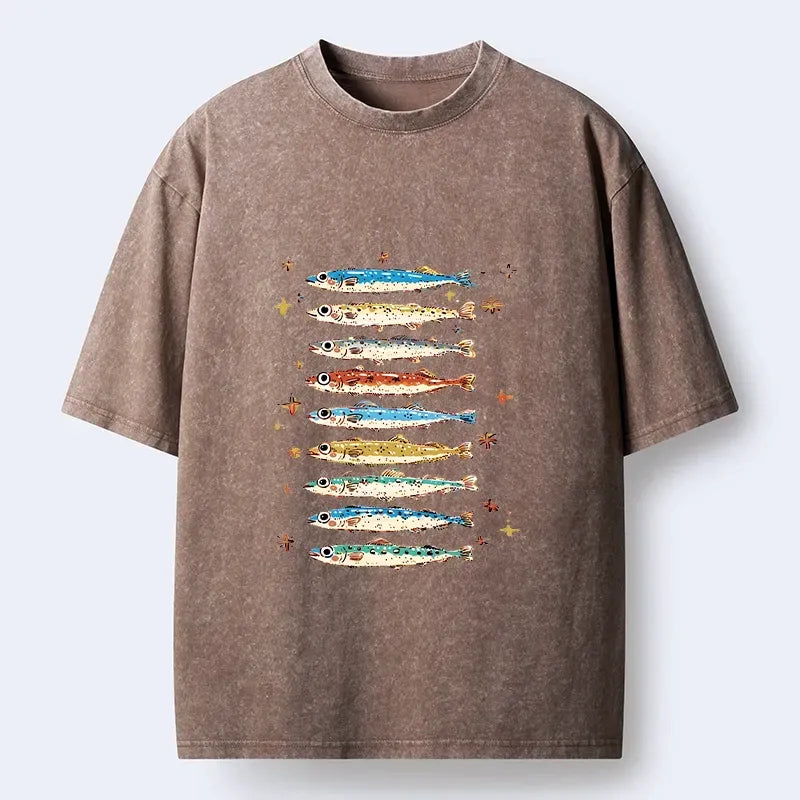 Kyoto-Lion Colorful Fish Family Art Washed T-Shirt