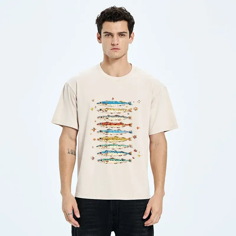Kyoto-Lion Colorful Fish Family Art Washed T-Shirt