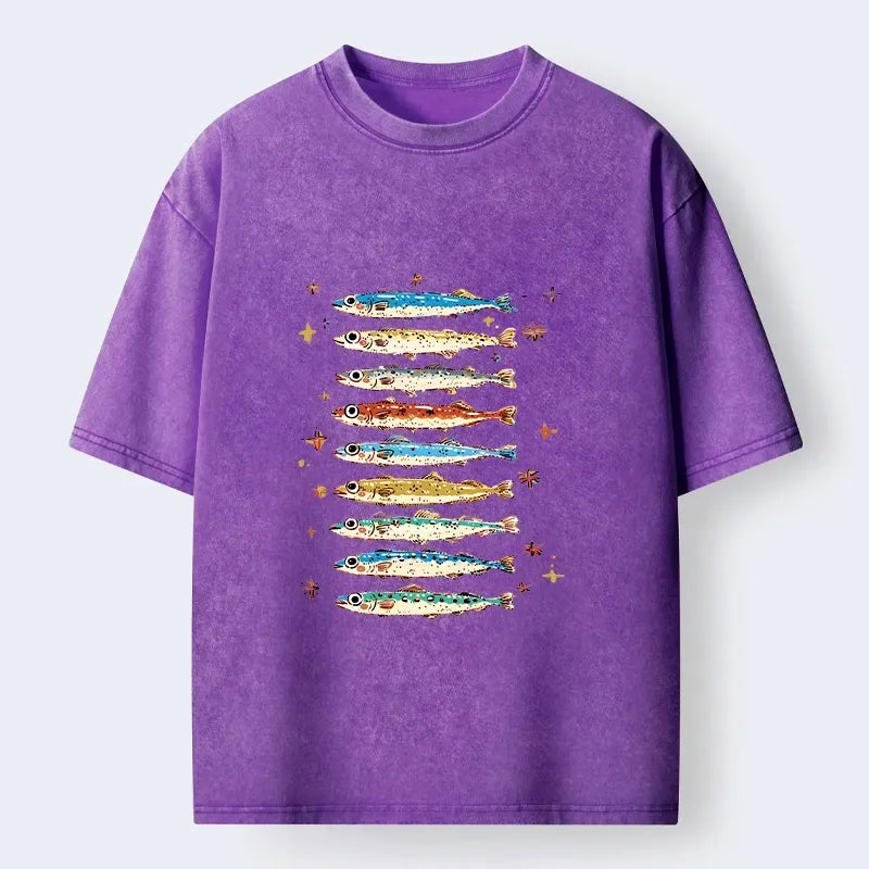 Kyoto-Lion Colorful Fish Family Art Washed T-Shirt