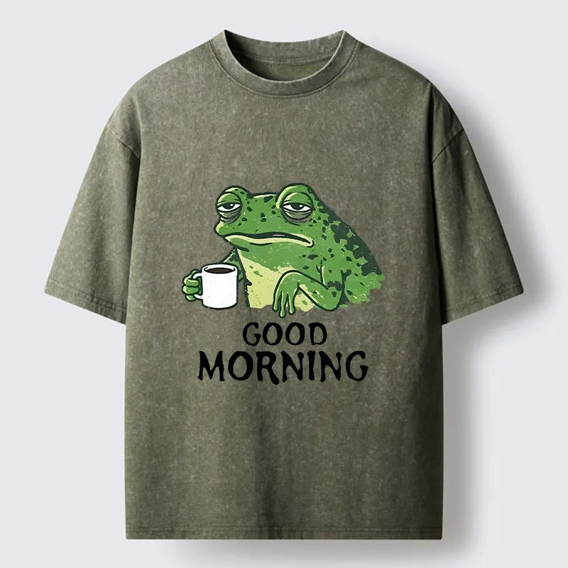 Kyoto-Lion Morning Coffee Frog Meme Washed T-Shirt