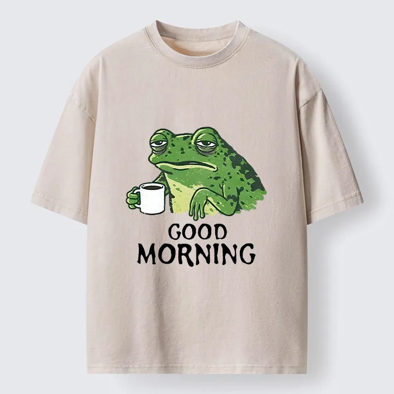 Kyoto-Lion Morning Coffee Frog Meme Washed T-Shirt
