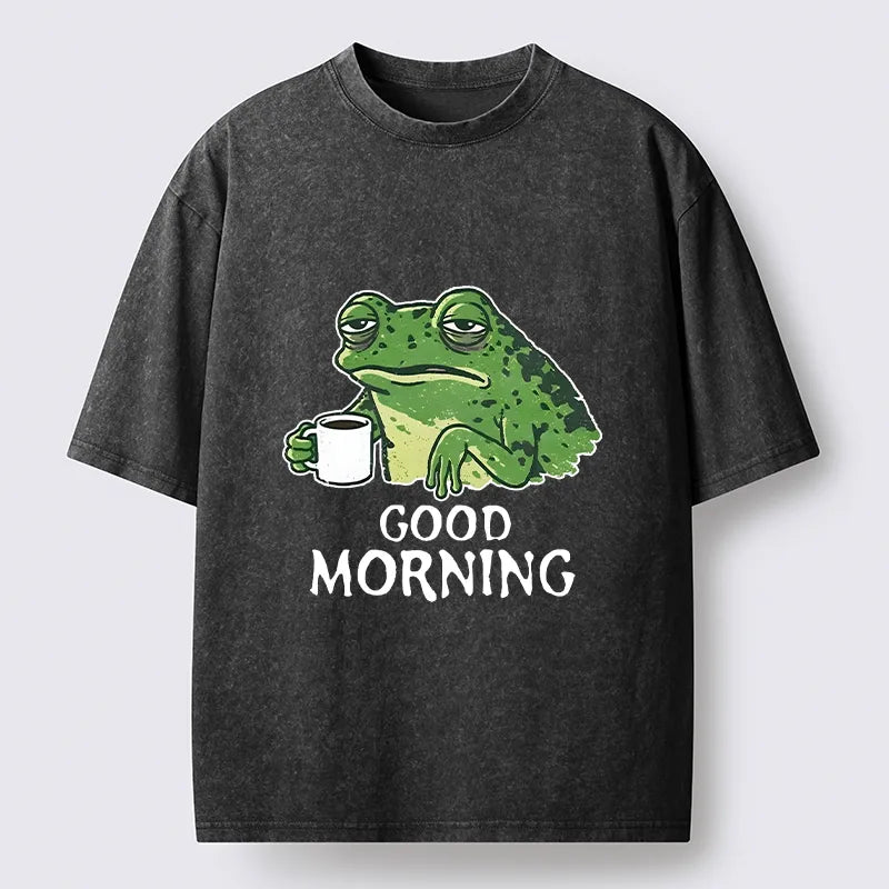 Kyoto-Lion Morning Coffee Frog Meme Washed T-Shirt