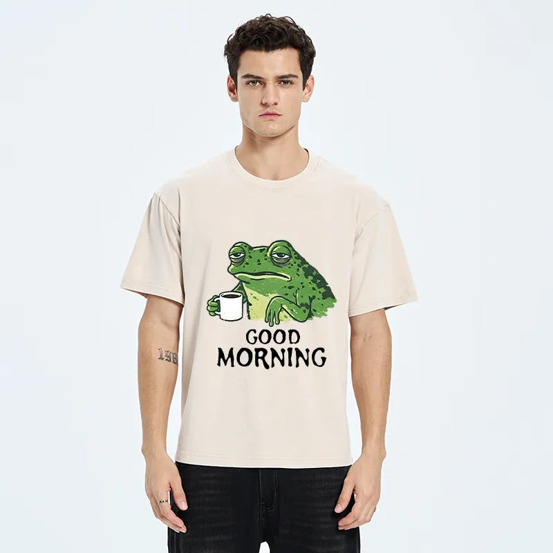 Kyoto-Lion Morning Coffee Frog Meme Washed T-Shirt