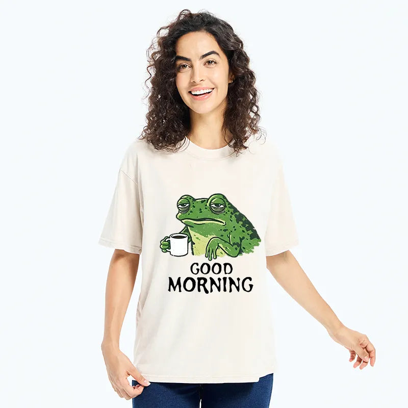 Kyoto-Lion Morning Coffee Frog Meme Washed T-Shirt