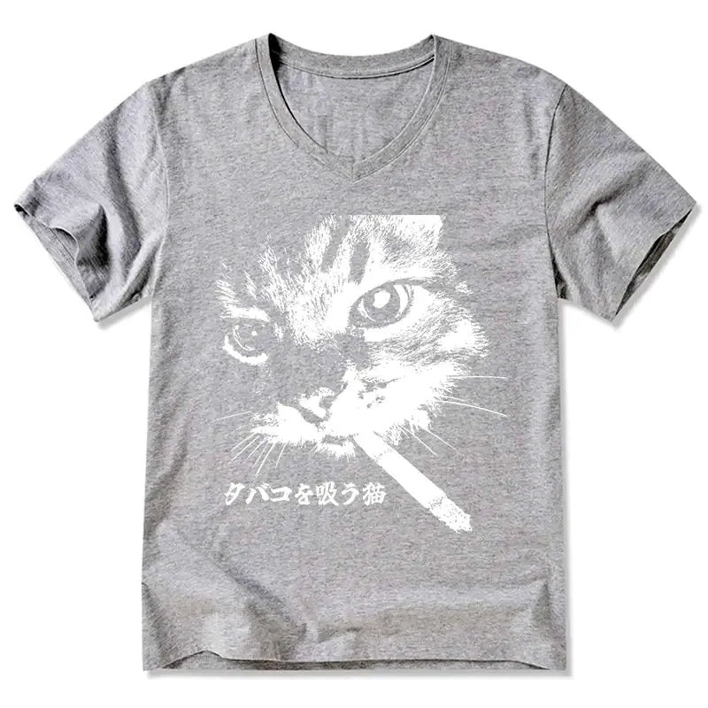 Kyoto-Lion Retro Cat Smoking V-Neck Classic T-Shirt