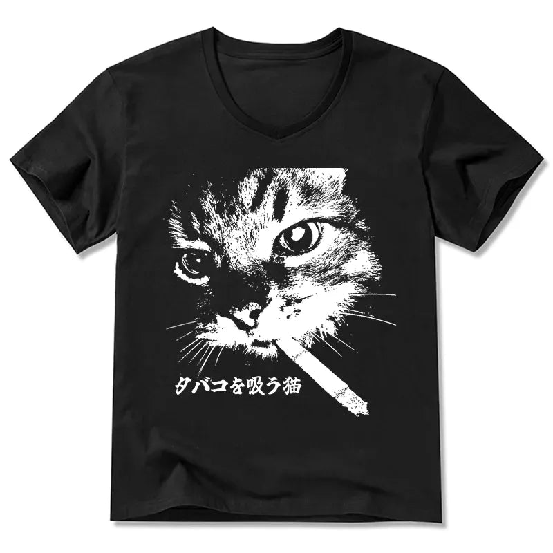 Retro Cat Smoking V-Neck T-Shirt for Men