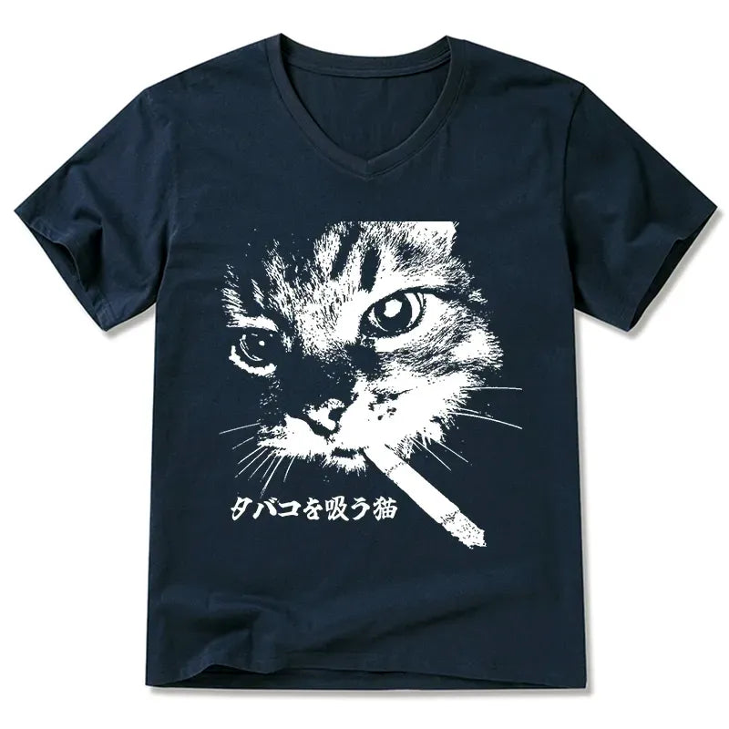 Retro Cat Smoking V-Neck T-Shirt for Men