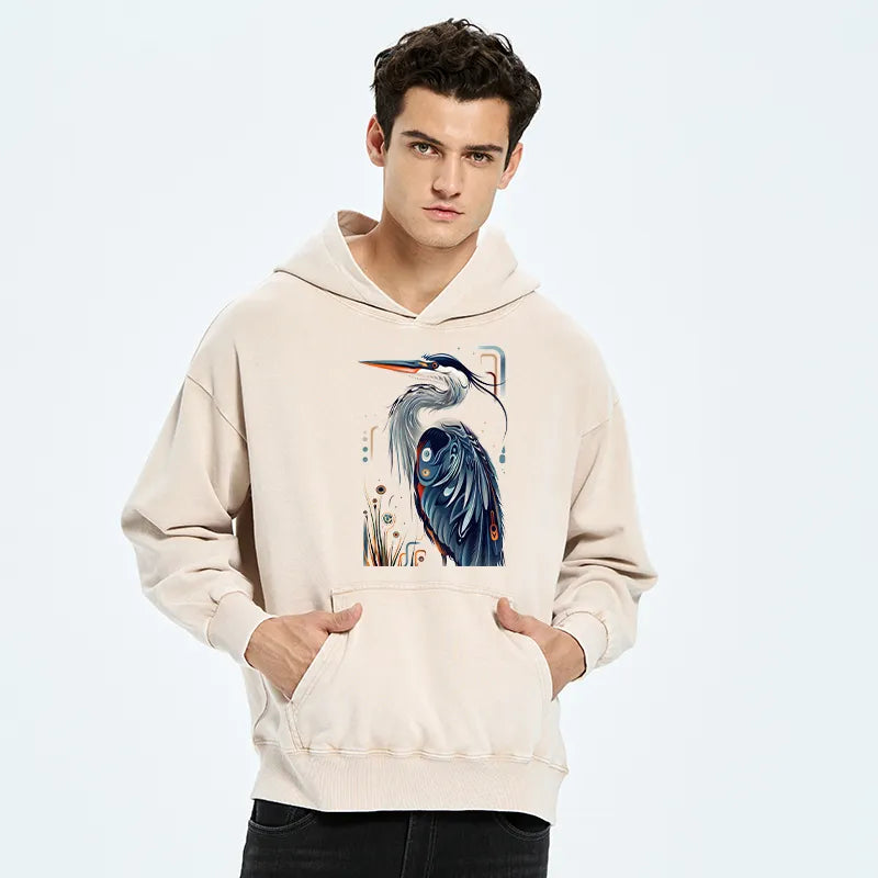 Kyoto-Lion Stylish Blue Heron Washed Hoodie