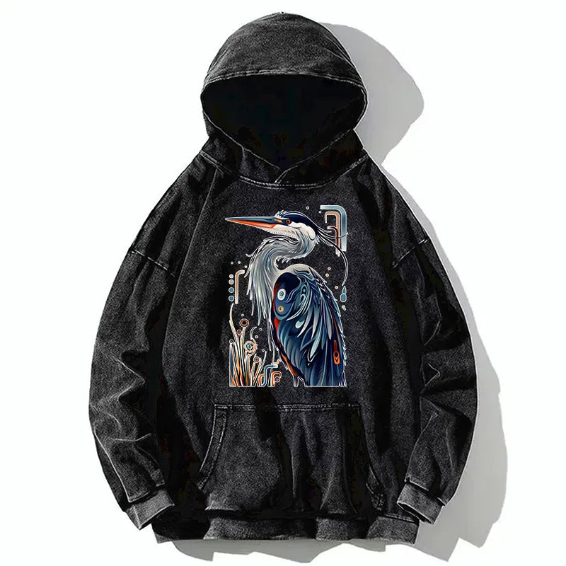 Kyoto-Lion Stylish Blue Heron Washed Hoodie