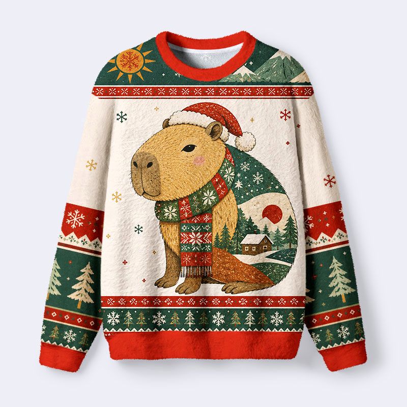Kyoto-Lion Winter Christmas Capybara Fuzzy Christmas Ugly Sweatshirt