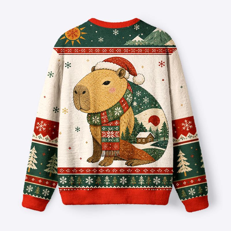 Kyoto-Lion Winter Christmas Capybara Fuzzy Christmas Ugly Sweatshirt