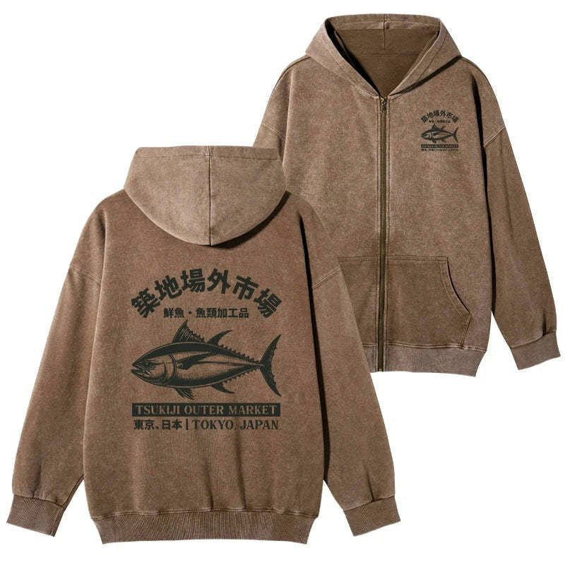 Kyoto-Lion Sakana Tsukiji Fish Market Washed Zip Hoodie