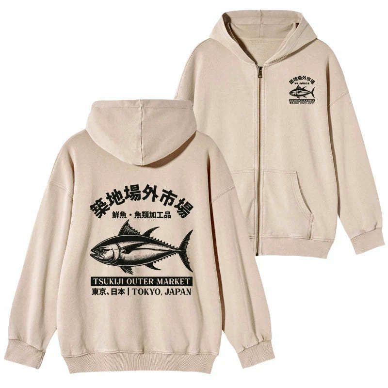 Kyoto-Lion Sakana Tsukiji Fish Market Washed Zip Hoodie