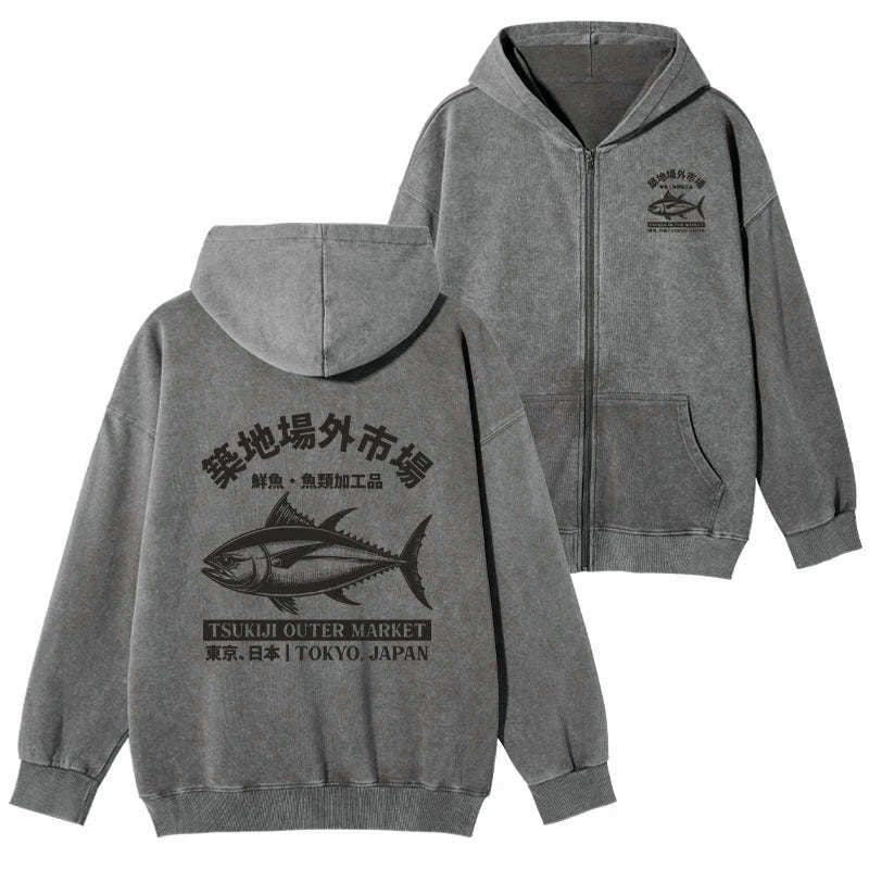 japanese fish market washed zip hoodie