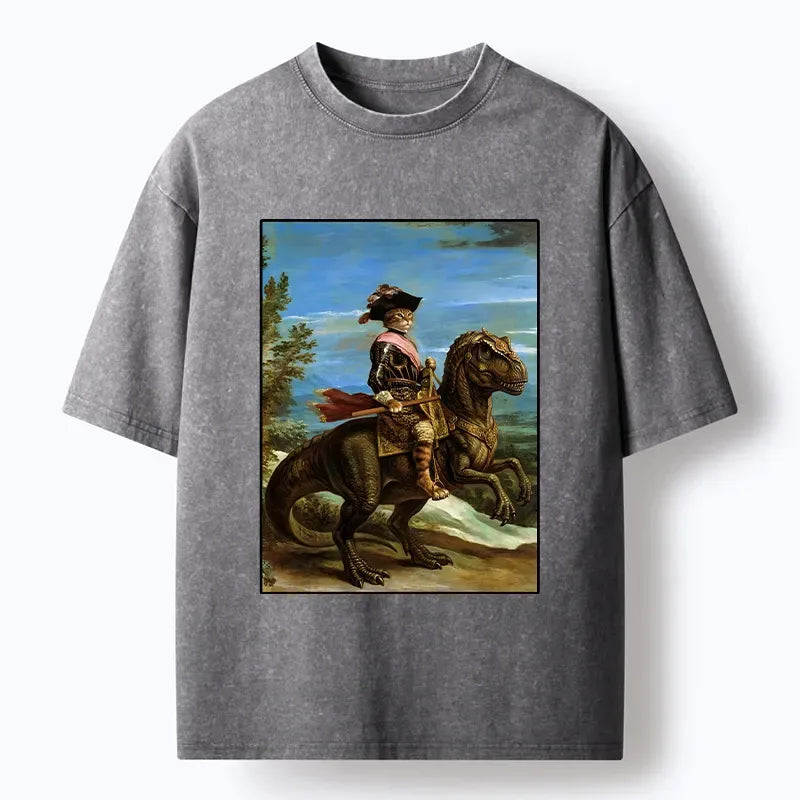 Kyoto-Lion Fancy Cat Knight On Dinosaur Washed T-Shirt
