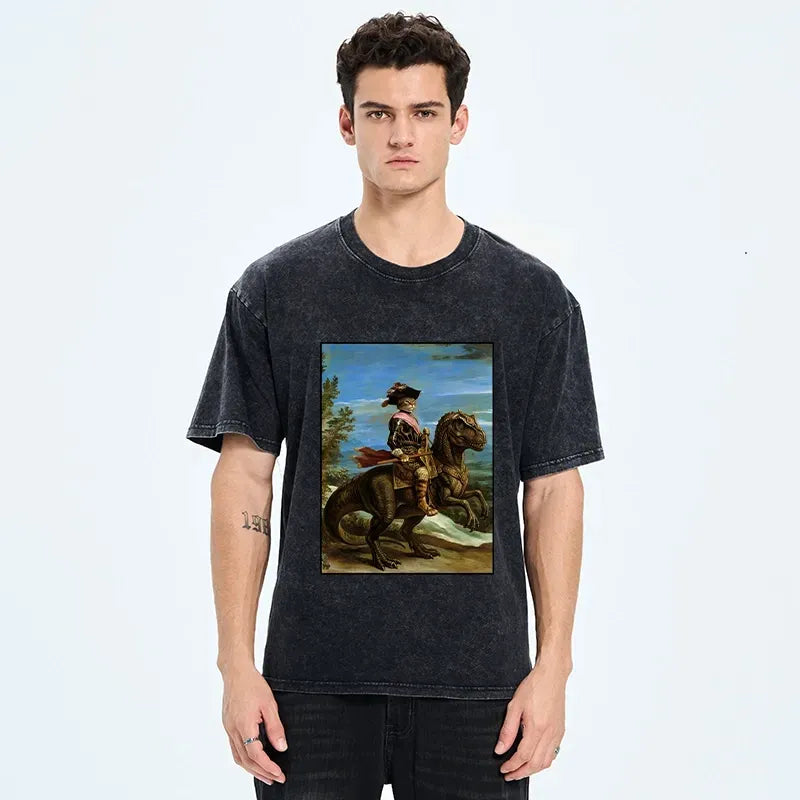 Kyoto-Lion Fancy Cat Knight On Dinosaur Washed T-Shirt