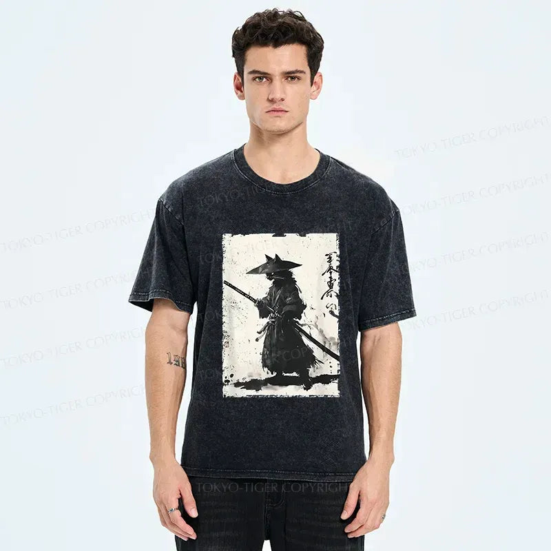Vintage Ukiyo-e Cat Washed Tee for Streetwear