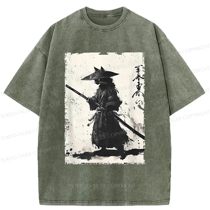 Kyoto-Lion Handsome Cat Japanese Samurai Washed T-Shirt