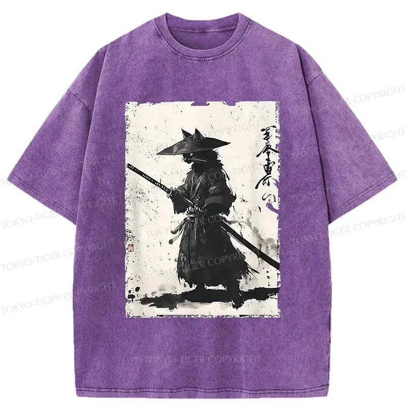 Vintage Ukiyo-e Cat Washed Tee for Streetwear