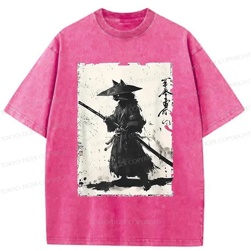 Kyoto-Lion Handsome Cat Japanese Samurai Washed T-Shirt