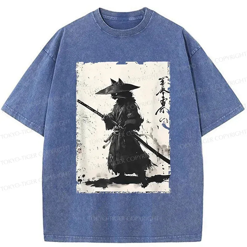 Vintage Ukiyo-e Cat Washed Tee for Streetwear