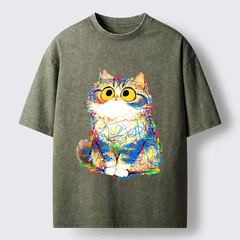 Kyoto-Lion Funny Meme Chaotic Rainbow Cat Washed T-Shirt