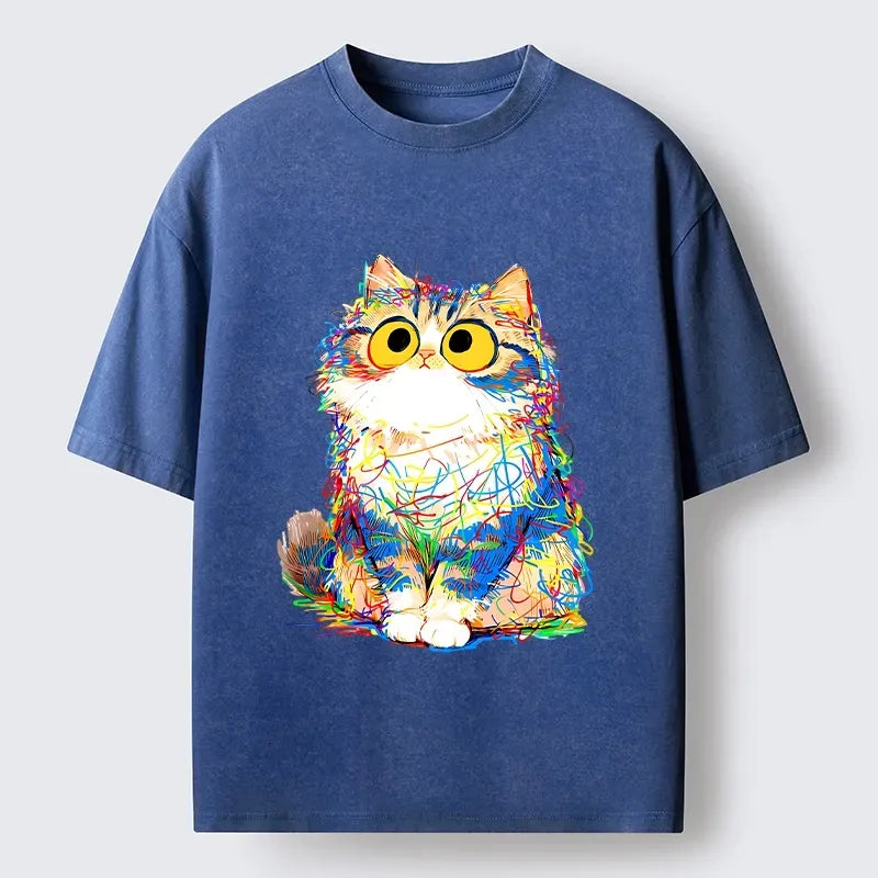 Kyoto-Lion Funny Meme Chaotic Rainbow Cat Washed T-Shirt