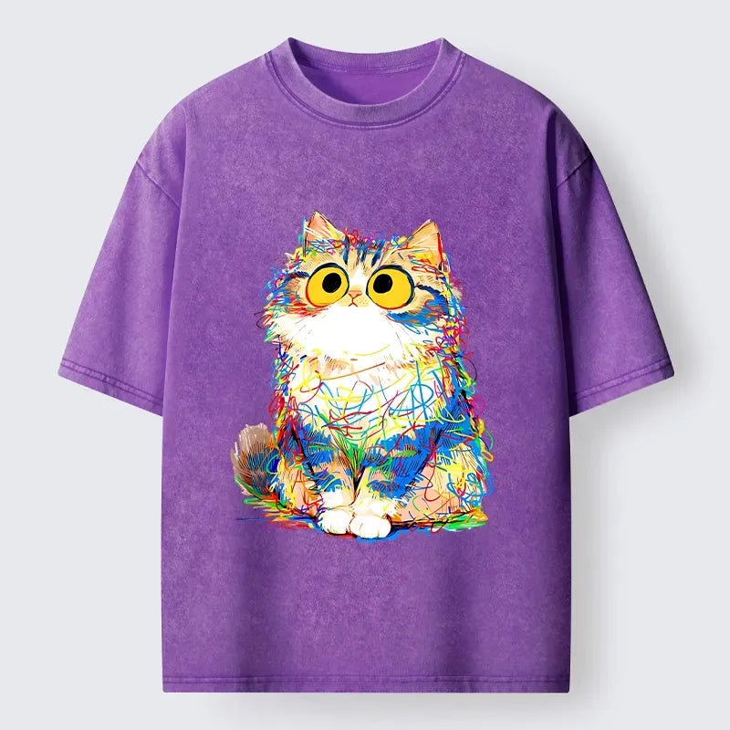 Kyoto-Lion Funny Meme Chaotic Rainbow Cat Washed T-Shirt