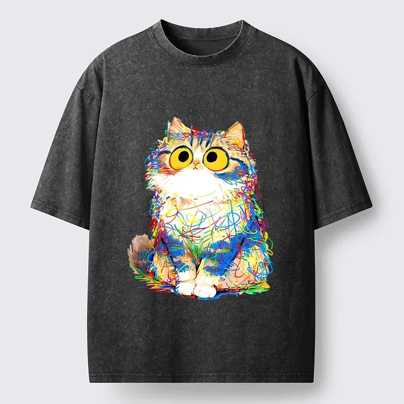 Kyoto-Lion Funny Meme Chaotic Rainbow Cat Washed T-Shirt