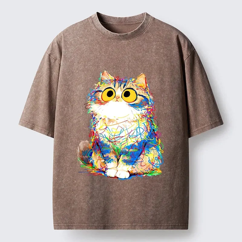 Kyoto-Lion Funny Meme Chaotic Rainbow Cat Washed T-Shirt