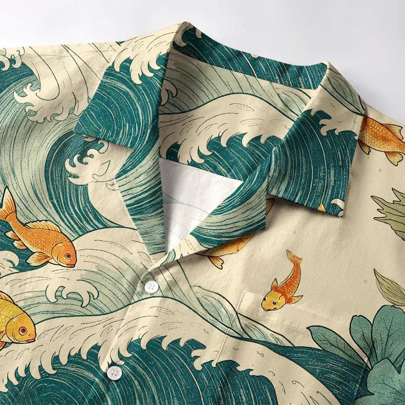 Kyoto-Lion Koi Meets Ocean Waves Aloha Hawaiian Shirt