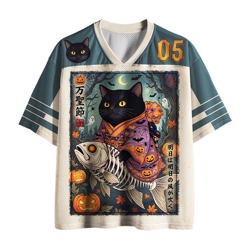 Kyoto-Lion Halloween Black Cat Riding Fish Skeleton Mesh Jersey