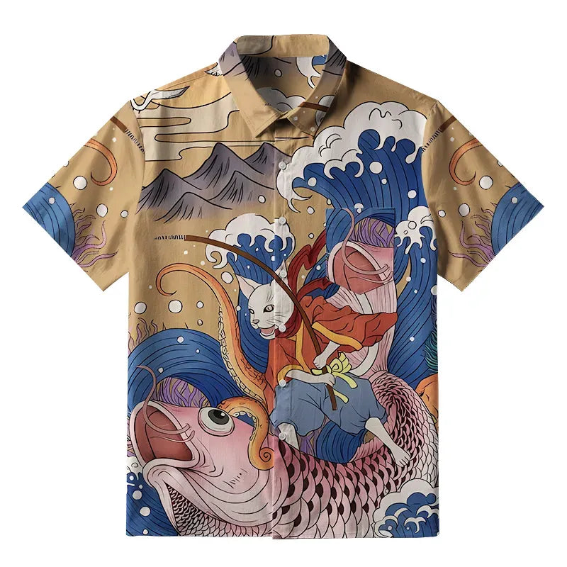 Traditional Japanese Cat Shirt for Daily Wear