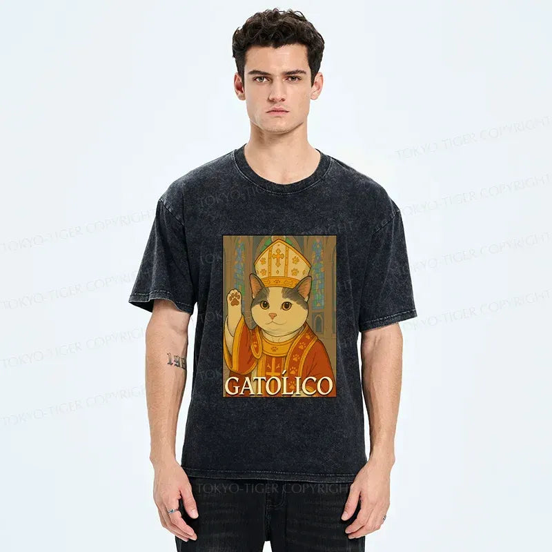 Kyoto-Lion Pope Cat Washed T-Shirt