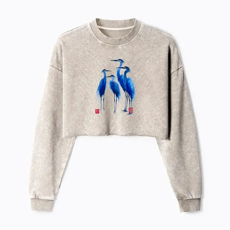 Kyoto-Lion Flocks Of Great Blue Herons Washed Crop Sweatshirt