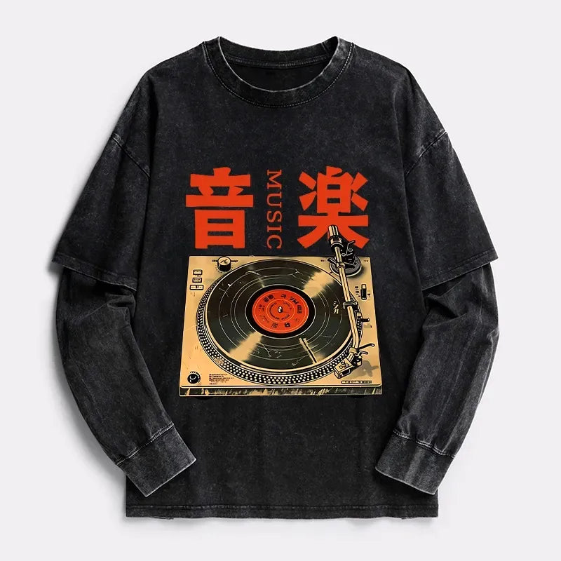 Kyoto-Lion Retro Music Record Player Washed Double Layer T-Shirt