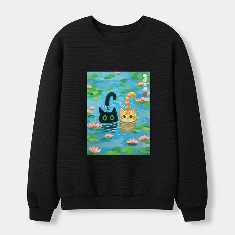 Kyoto-Lion Cats In The Lotus Pond Waffle Sweatshirt